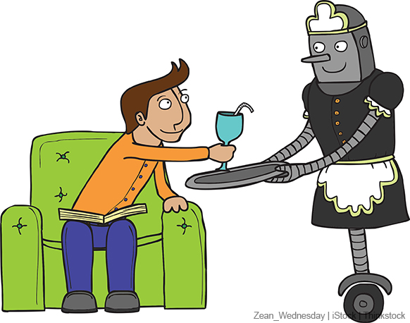 A cartoon shows a man being served something to drink by a robot maid