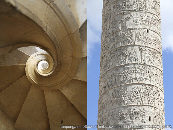 A side-by-side photo shows an ancient spiral staircase and an ancient column