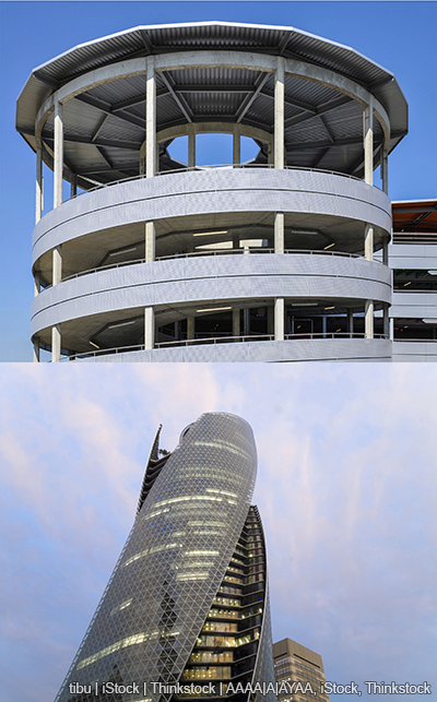 A side-by-side photo shows a modern parking garage with a spiral ramp and a large office building with a spiral-shaped exterior