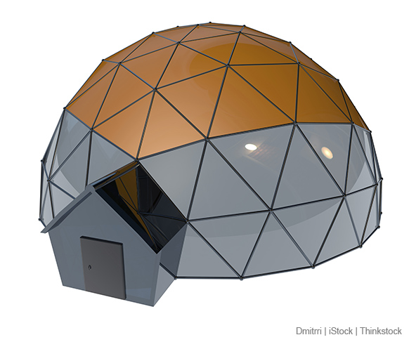 A photo shows a house in the shape of a geodesic dome