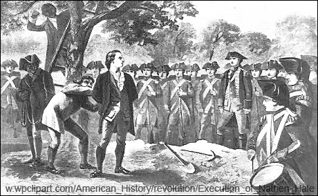 An image shows a sketch of Nathan Hale being tied up in preparation for execution