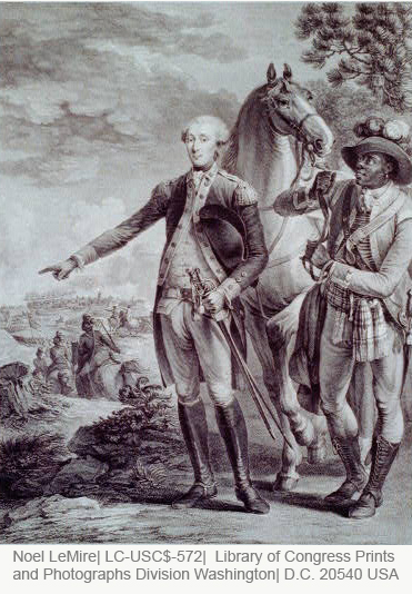 A painting shows James Armistead standing next to the Marquis de Lafayette and holding his horse's lead rope
